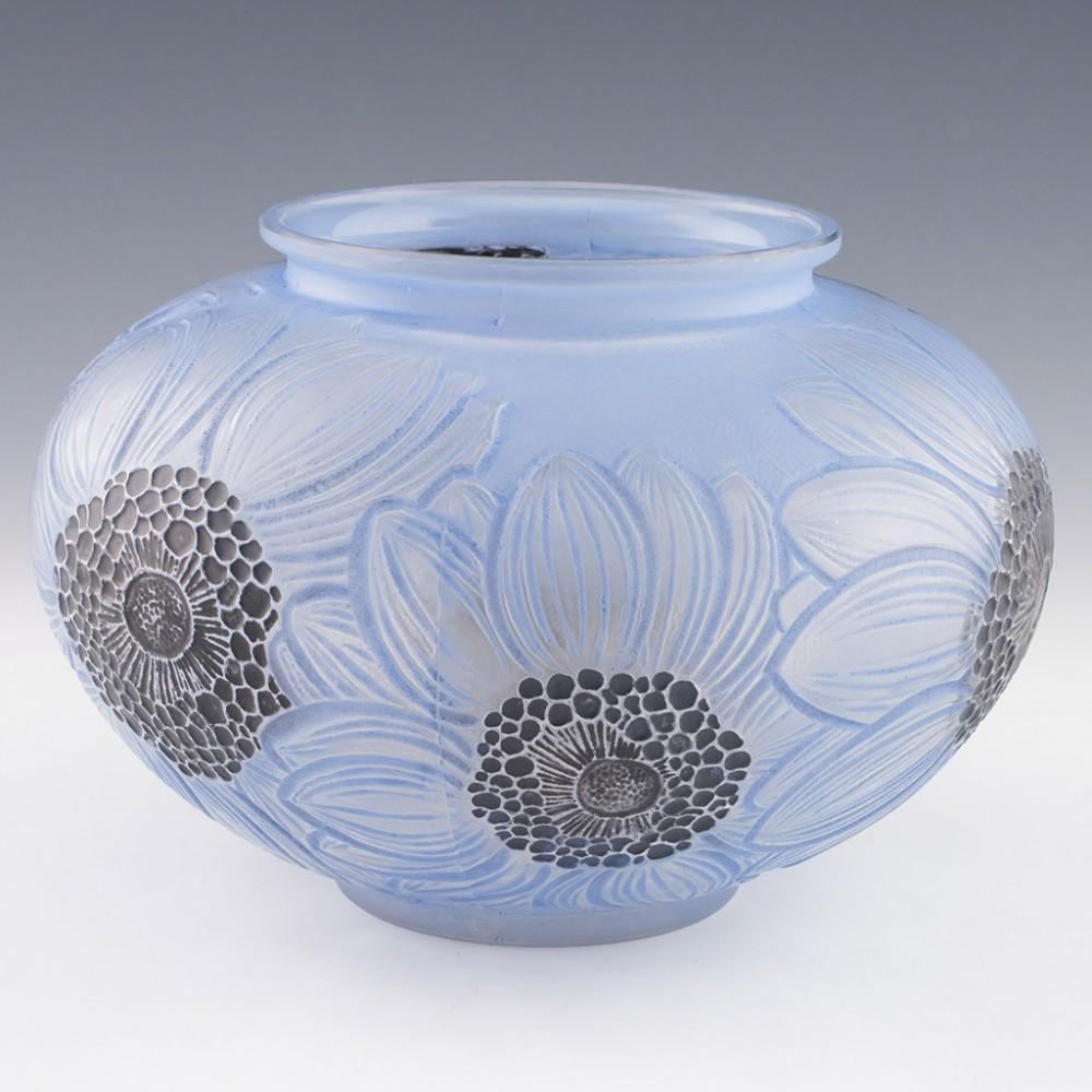 Art Deco Rene Lalique Frosted and Polished Blue Stained Dahlias Vase Designed 1923 -Marci