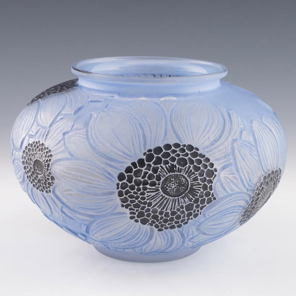 French Rene Lalique Frosted and Polished Blue Stained Dahlias Vase Designed 1923 -Marci