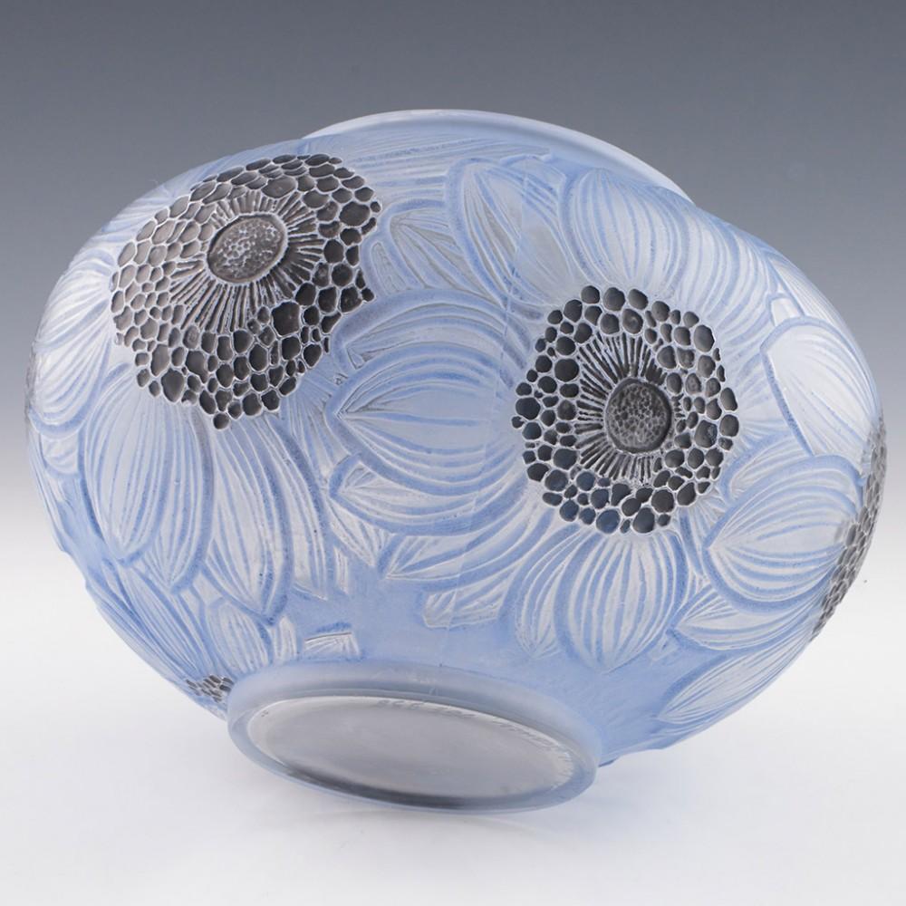 Early 20th Century Rene Lalique Frosted and Polished Blue Stained Dahlias Vase Designed 1923 -Marci