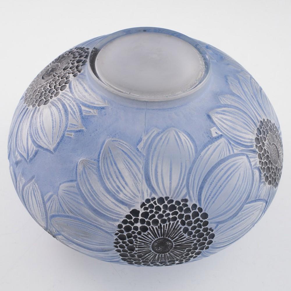 Glass Rene Lalique Frosted and Polished Blue Stained Dahlias Vase Designed 1923 -Marci