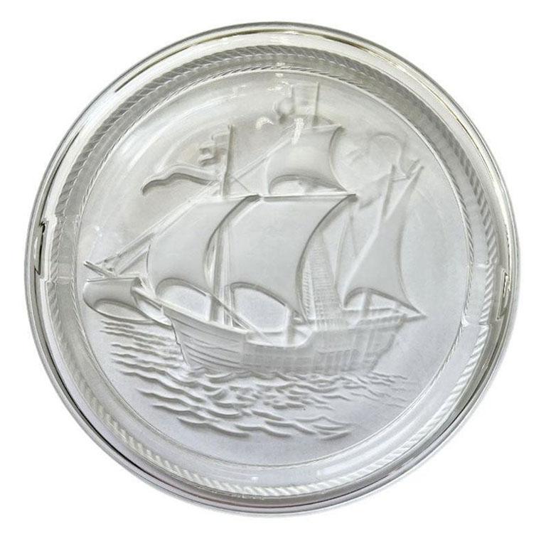 French René Lalique Frosted Crystal Ashtray or Trinket Dish with Maritime Ship Motif For Sale