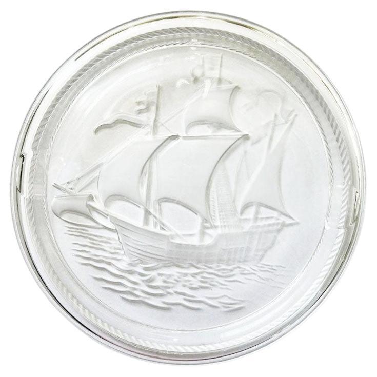 René Lalique Frosted Crystal Ashtray or Trinket Dish with Maritime Ship Motif For Sale