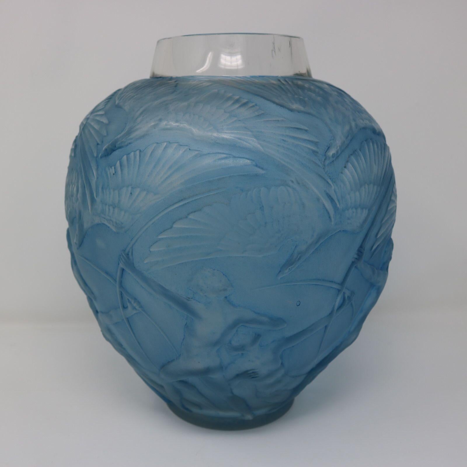 Rene Lalique Glass Archers Vase, Blue Stained In Good Condition In Chelmsford, Essex