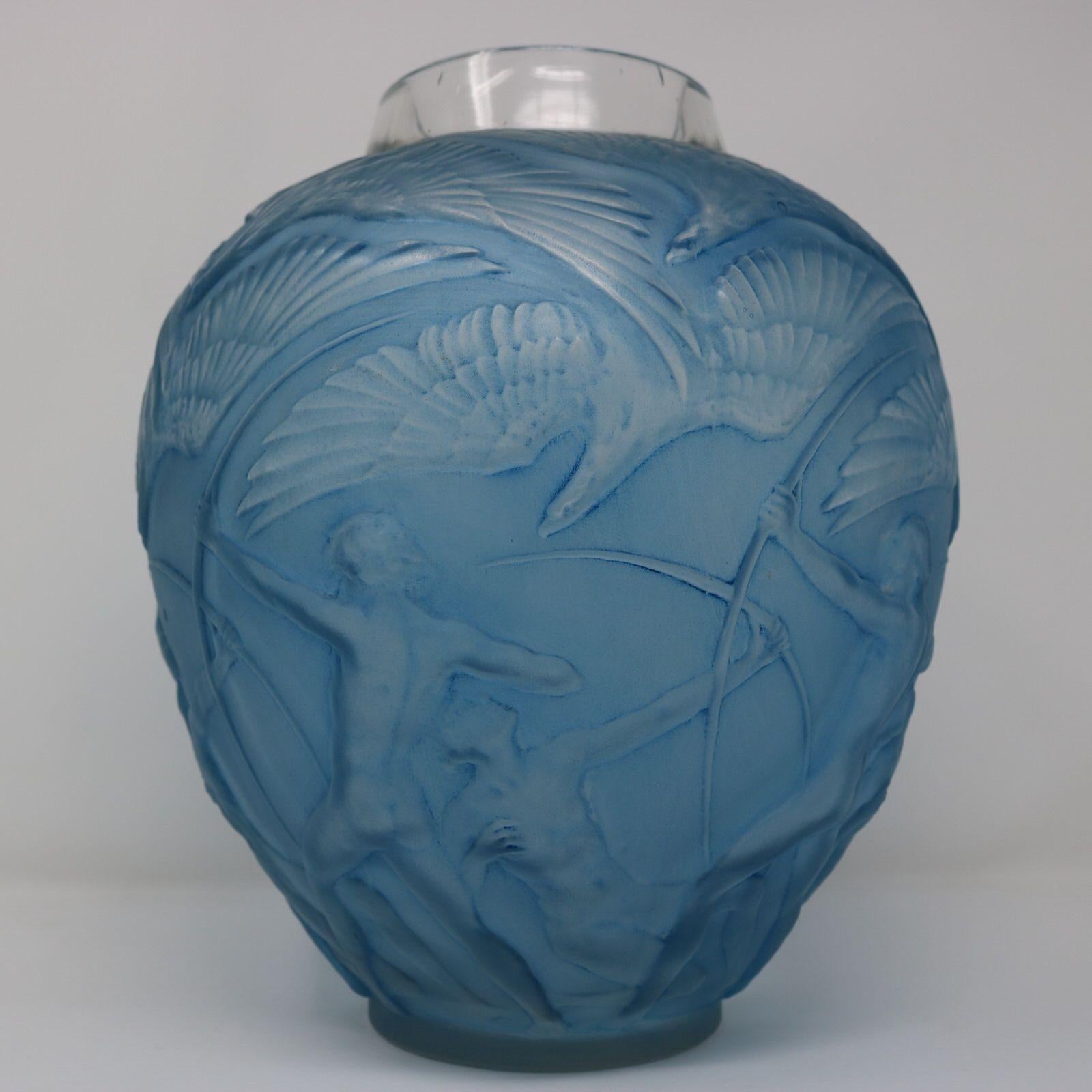 Rene Lalique Glass Archers Vase, Blue Stained 1