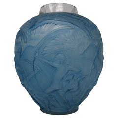 Antique Rene Lalique Glass Archers Vase, Blue Stained