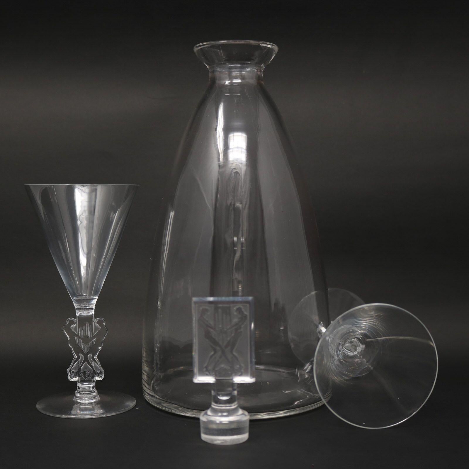 Rene Lalique Glass Decanter with Pair of Glasses 'Strasbourg' Design 4