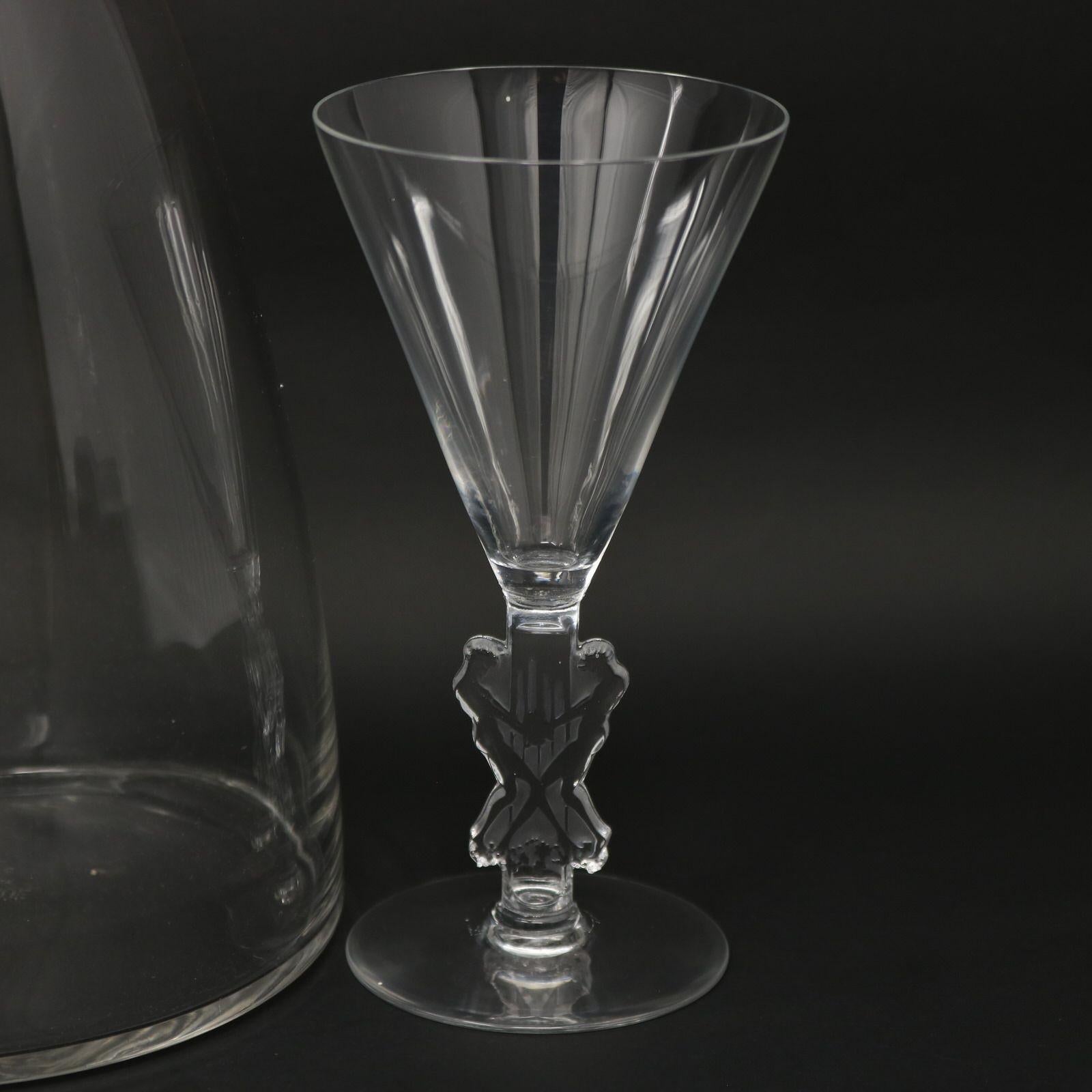 French Rene Lalique Glass Decanter with Pair of Glasses 'Strasbourg' Design