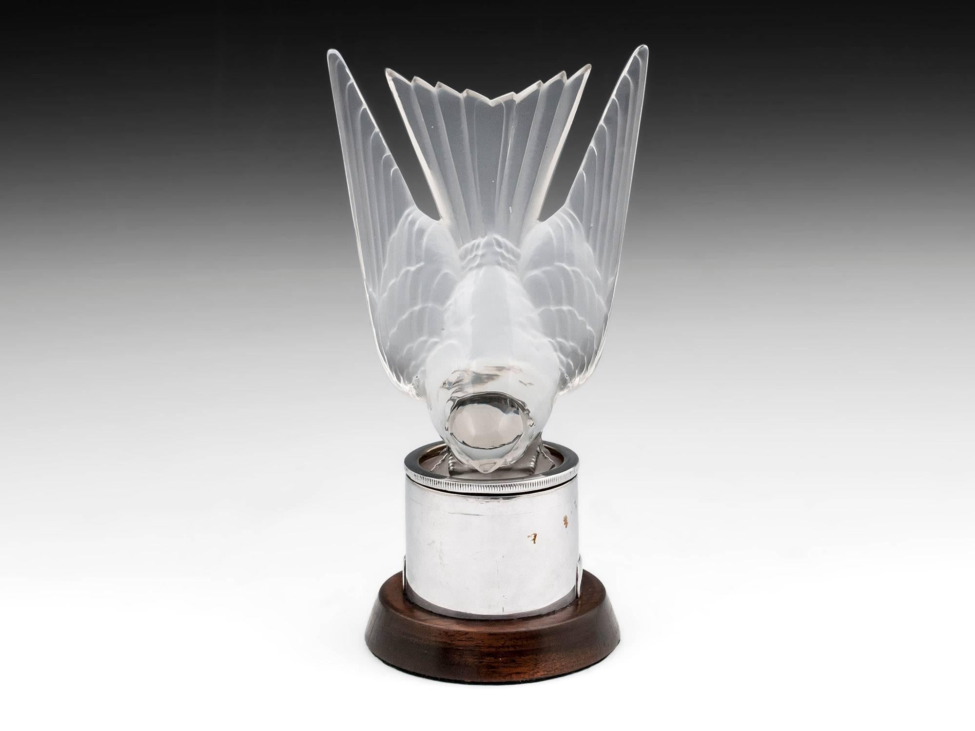 Rene Lalique Hirondelle (Swallow) model number #1143 with clear frosted finish. Markings on the base have been polished to accommodate the original chrome radiator mount complete with bulb and wires for illumination when attached to a car. 

This