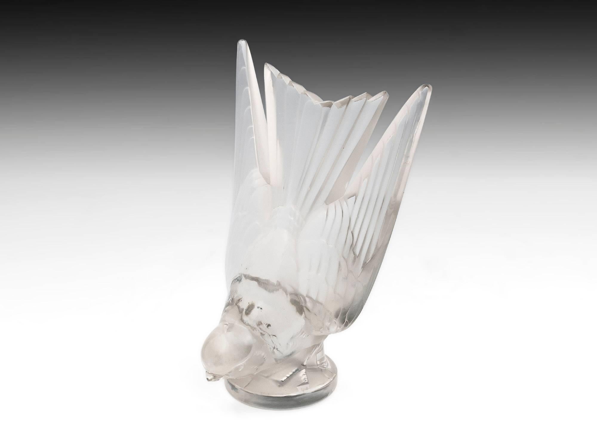 French Rene Lalique Glass Hirondelle / Swallow Car Mascot with Mount 20th Century For Sale