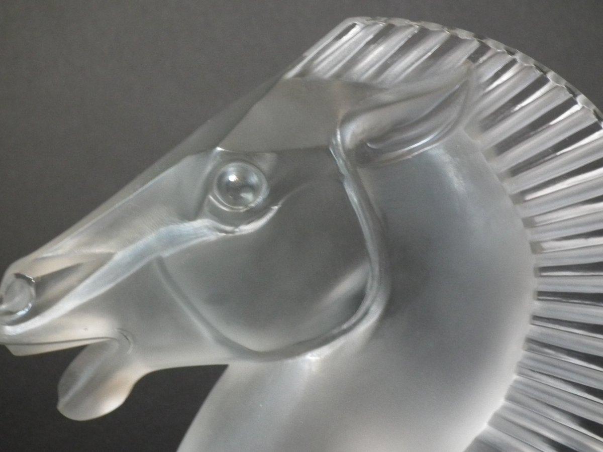 René Lalique clear and frosted glass 'Longchamp B' mascot. The model features a horse head. Moulded makers mark, 'R. Lalique France'. Book reference: Marcilhac 1152 B.