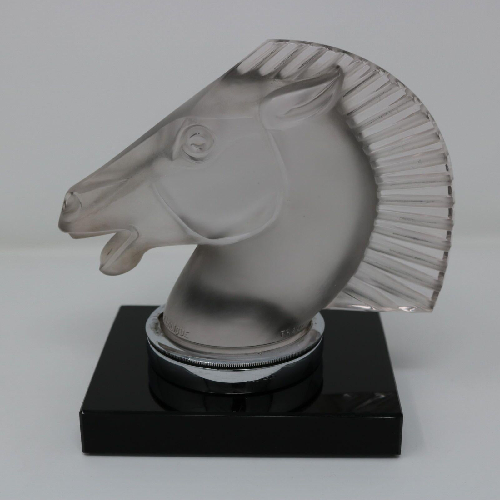 Art Deco Rene Lalique Glass 'Longchamp B' Horse Head Mascot For Sale