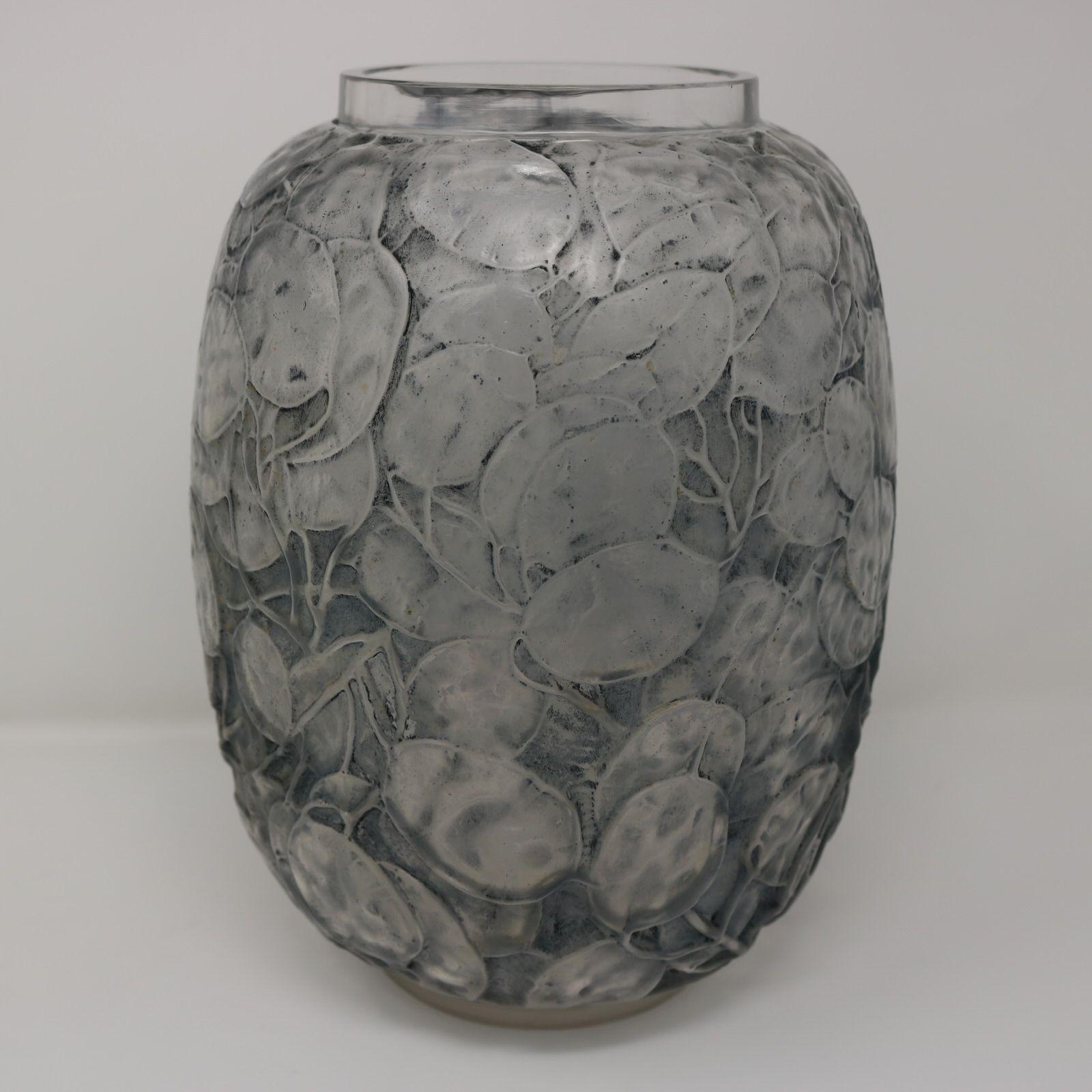 Rene Lalique clear and frosted glass 'Monnaie Du Pape' Vase. Blue stained details. This pattern features the Honesty plant, around the sides. (Monnaie du Pape literal translation is 'Pope's money' and is the french name for annual Honesty) Moulded
