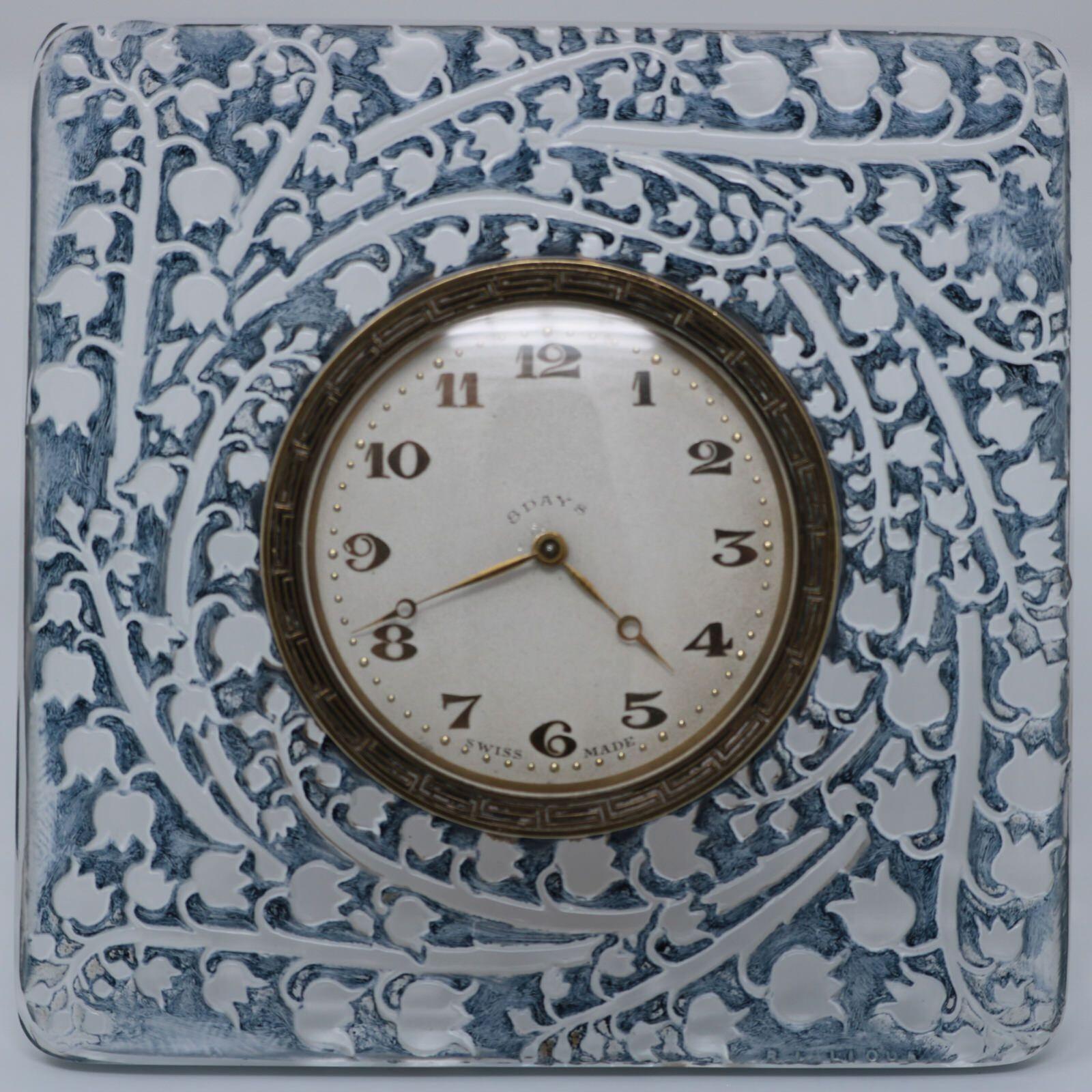 Early 20th Century Rene Lalique Glass 'Muguet' Clock with Blue Staining