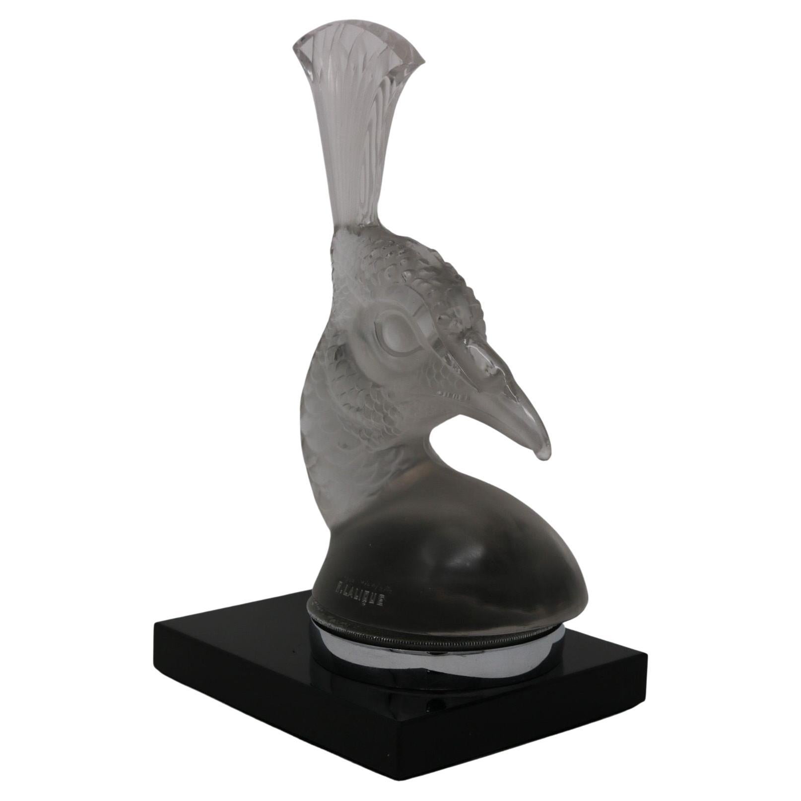 Rene Lalique Glass 'Tete De Paon' Peacock Car Mascot For Sale