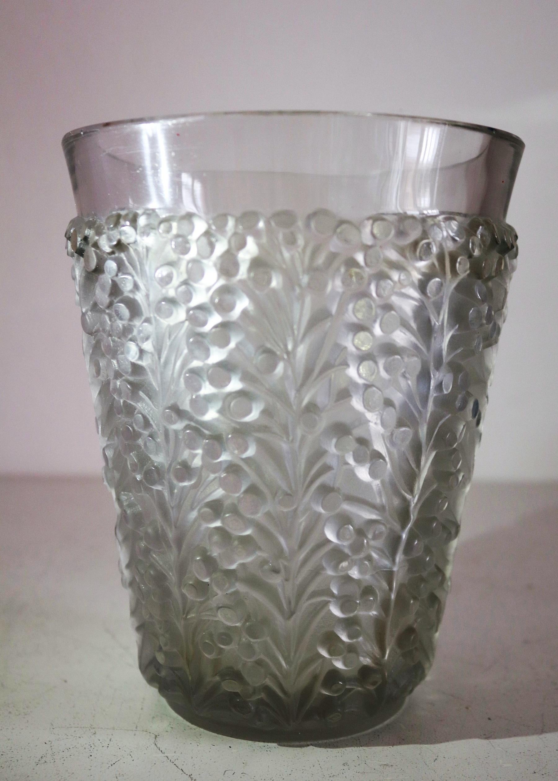 French René Lalique Glass Vase with Frosted Leaves and Berries, France, circa 1937