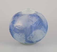 René Lalique. Large, rare, and early "Poissons" art glass vase in blue glass.