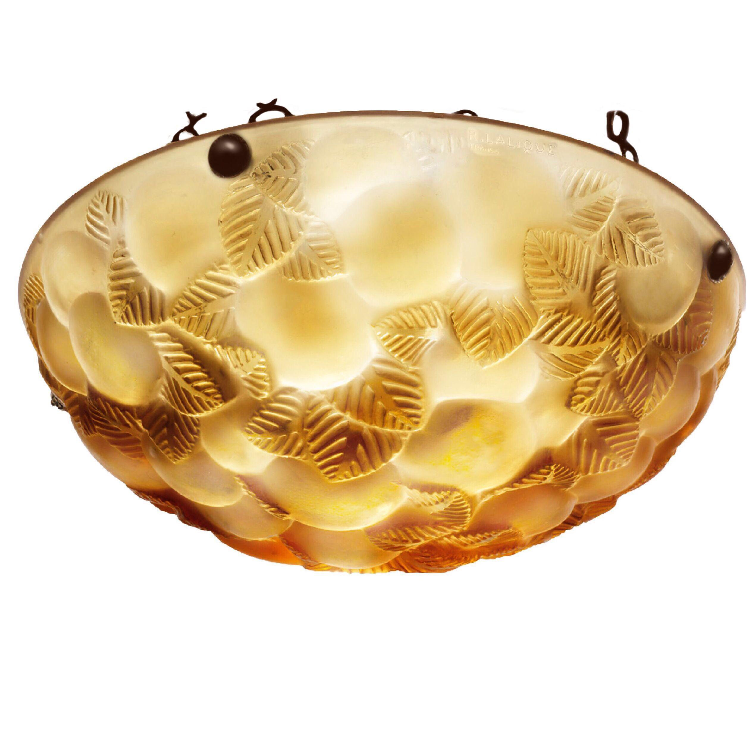 French Rene Lalique Lausanne Plafonnier Chandelier No.2479, Amber Crystal, Signed, 1929