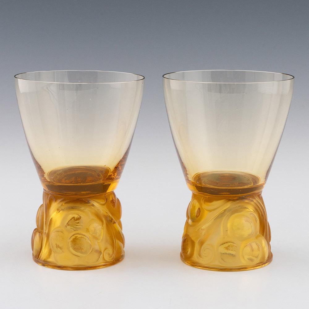 Heading : Rene Lalique Marienthal glasses designed 1927
Date : Designed 1927 – not reprised after Rene’s death
Origin : Wingen-sur-Moder, France
Bowl Features : Amber ghlass – high foot with moulded cherry design and round funnel bowl.
Marks :