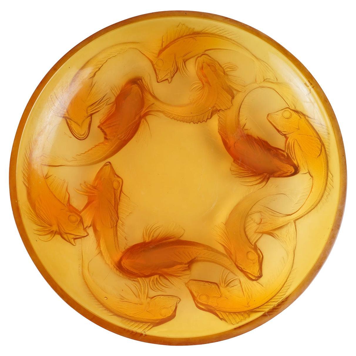René LALIQUE, "Martigues" Pressed-Molded Butterscotch Glass Dish.