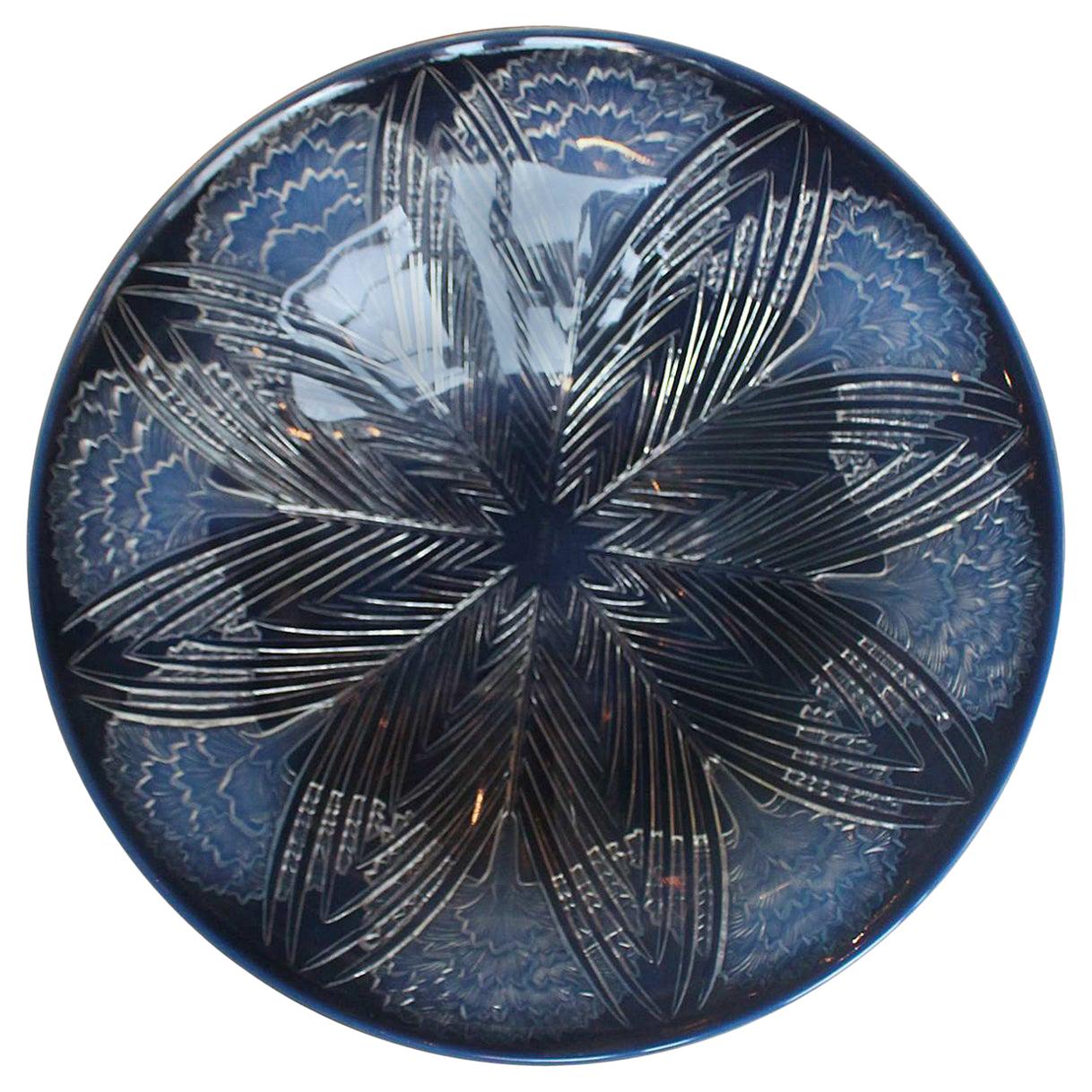 René Lalique "Oeillets" Blue Opalescent Geometric Patterned Charger circa 1930