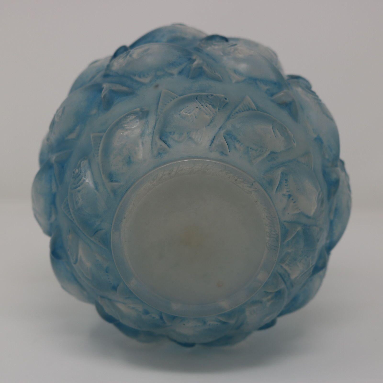 Early 20th Century Rene Lalique Opalescent Glass Blue Stain 'Camaret' Vase For Sale
