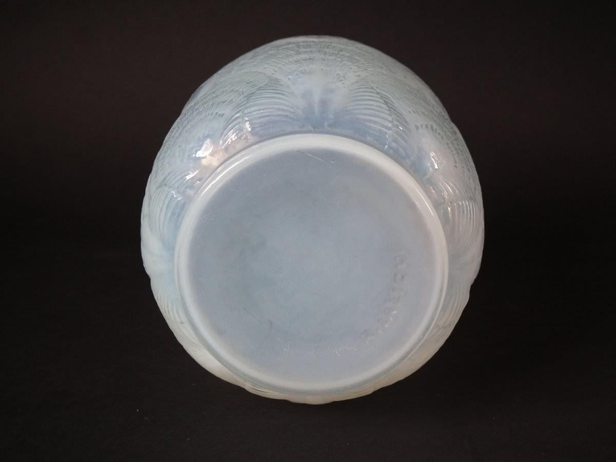 Rene Lalique opalescent glass 'Coquilles' vase. Blue stained details. This pattern features overlapping cockle shells. Molded makers mark, 'R. Lalique '. Book reference: Marcilhac 932.