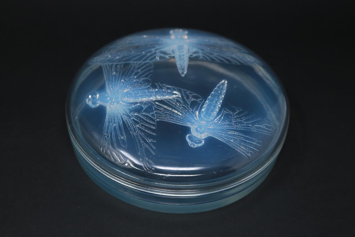 René Lalique opalescent glass 'Libellules' box. This pattern features dragonflies. Engraved to lid makers mark, 'R Lalique France No.51'. Also moulded, 'R LALIQUE'. Book reference: Marcilhac 51.