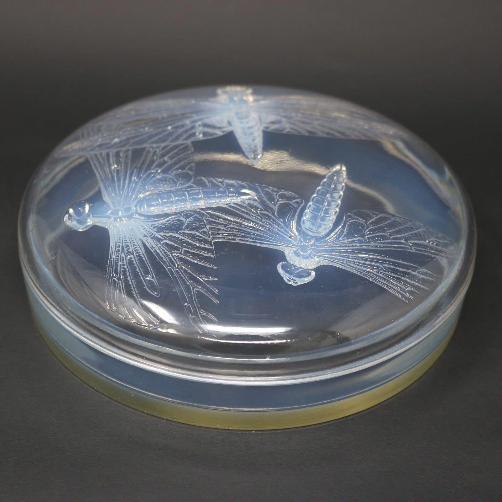 Rene Lalique opalescent Glass 'Libellules' Box. This pattern features dragonflies. Lid with molded makers mark, 'R LALIQUE' and engraved, France No.51'. Book reference: 'R. LALIQUE Catalogue Raisonne De L'Oeuvre De Verre', by Felix Marcilhac. Les