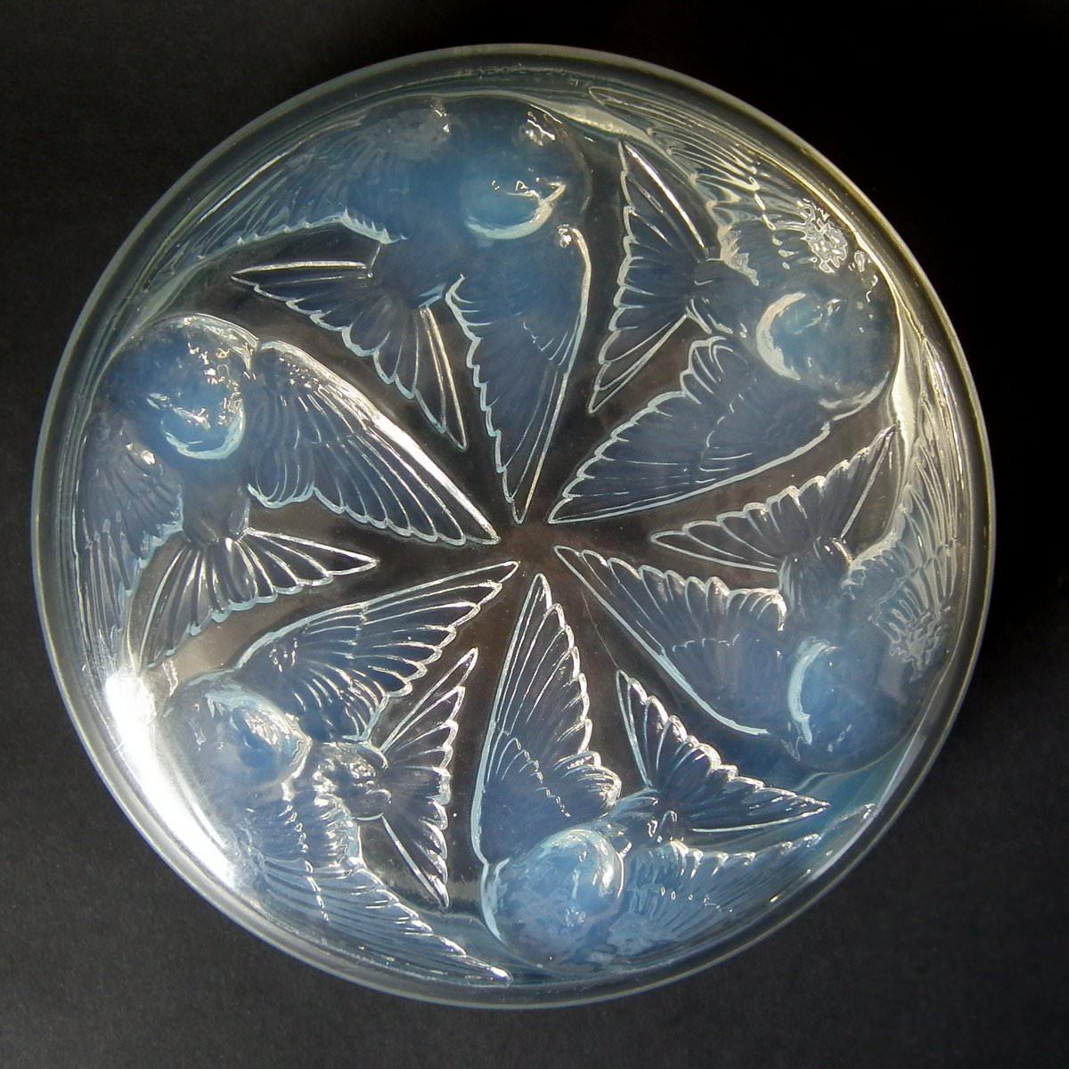 Rene Lalique opalescent glass 'Mesanges' box. This pattern features birds (tits) in a circular pattern around the lid. Moulded, 'R. Lalique' & Engraved, 'R. Lalique France No.52'. Book reference: Marcilhac 52.