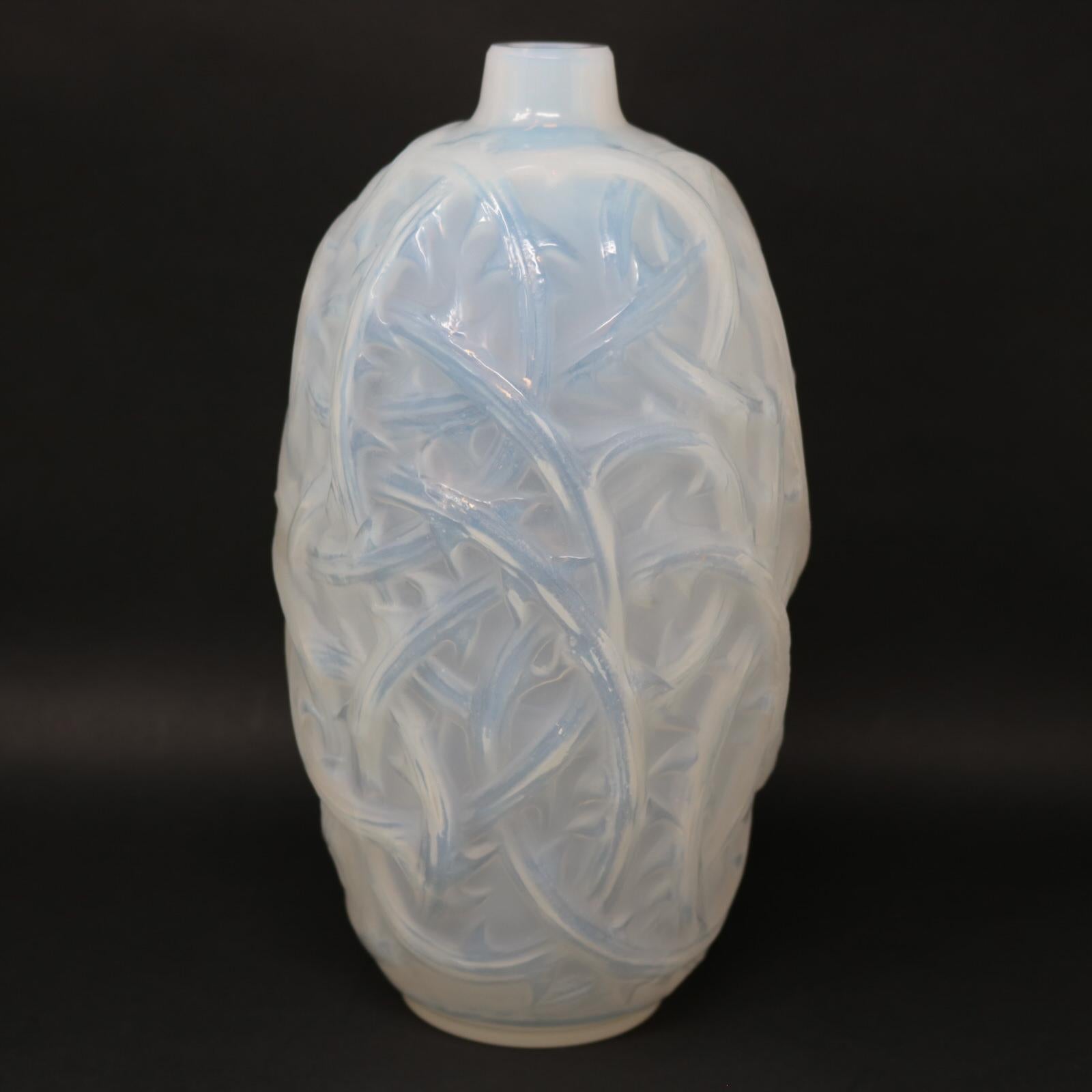 Rene Lalique Opalescent Glass 'Ronces' vase. This pattern depicts entwined bramble branches. Moulded makers mark, 'R LALIQUE', to the underside. Book reference: Marcilhac 946.