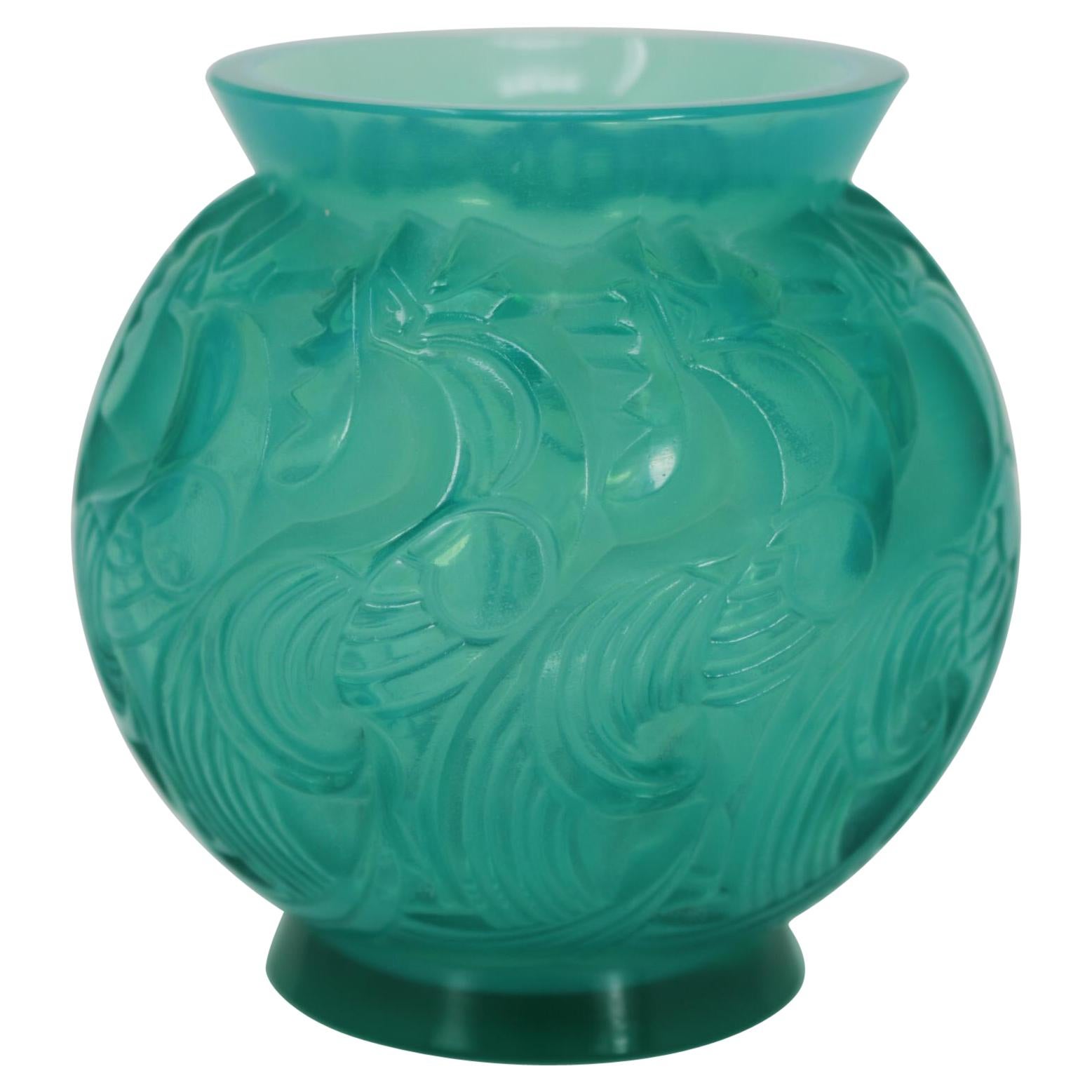 Rene Lalique Opalescent Mint Coloured Glass 'Le Mans' Vase For Sale