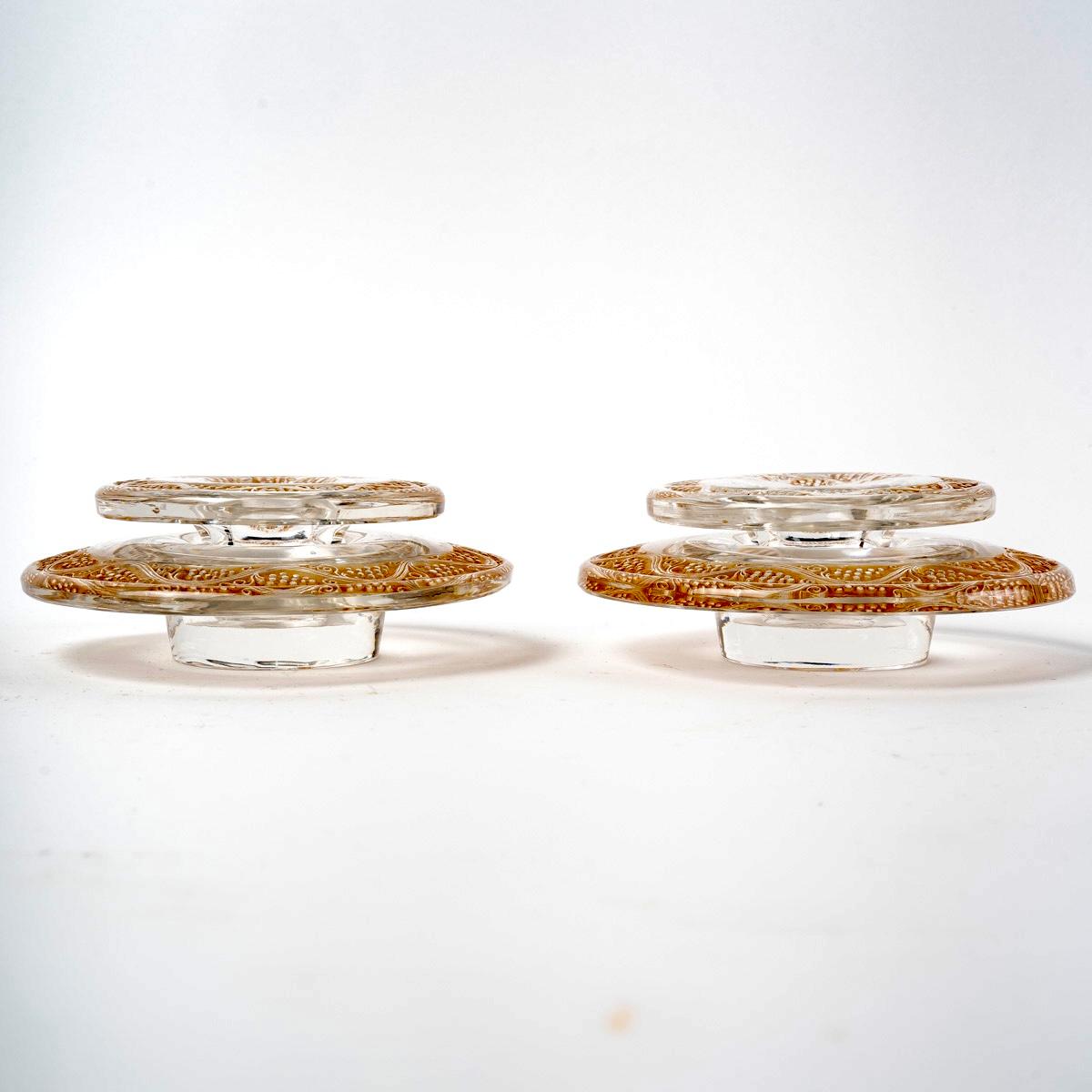 René Lalique - Paar Kerzenleuchter und Schale Ricquewihr Glas mit Sepia Patina im Angebot 3