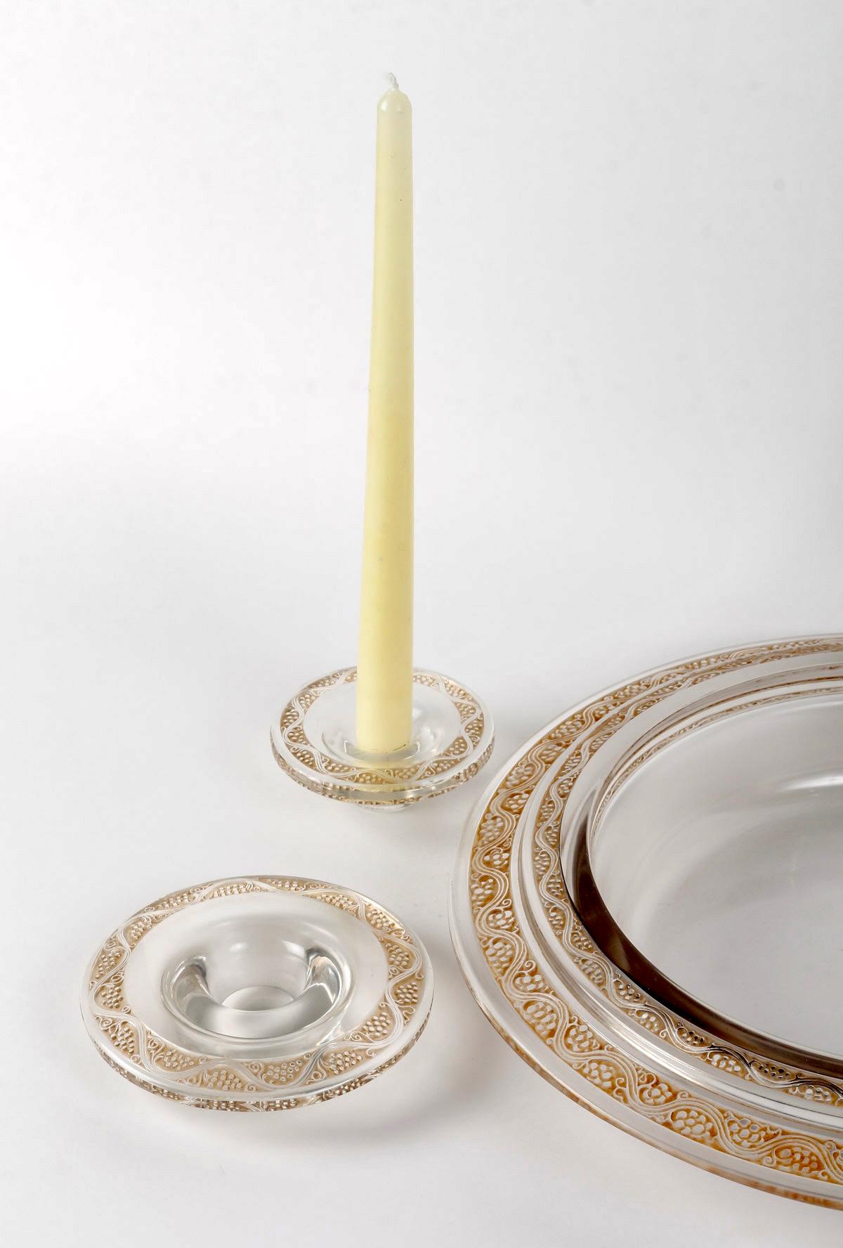 Art Deco René Lalique - Pair of Candlesticks and Bowl Ricquewihr Glass with Sepia Patina For Sale