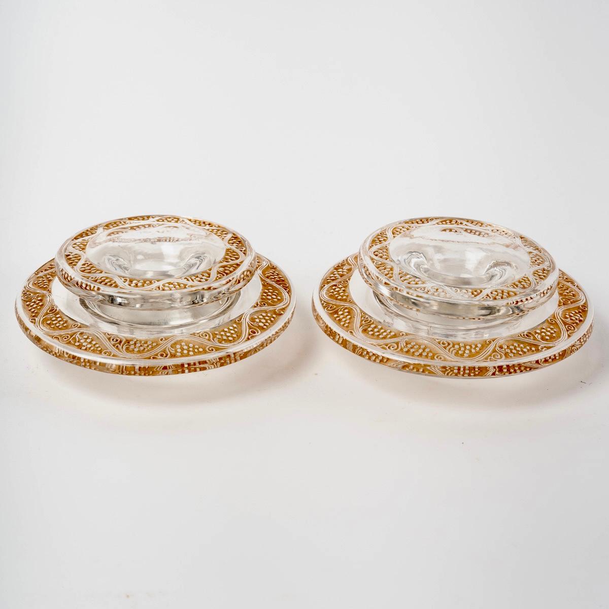 Molded René Lalique - Pair of Candlesticks and Bowl Ricquewihr Glass with Sepia Patina For Sale