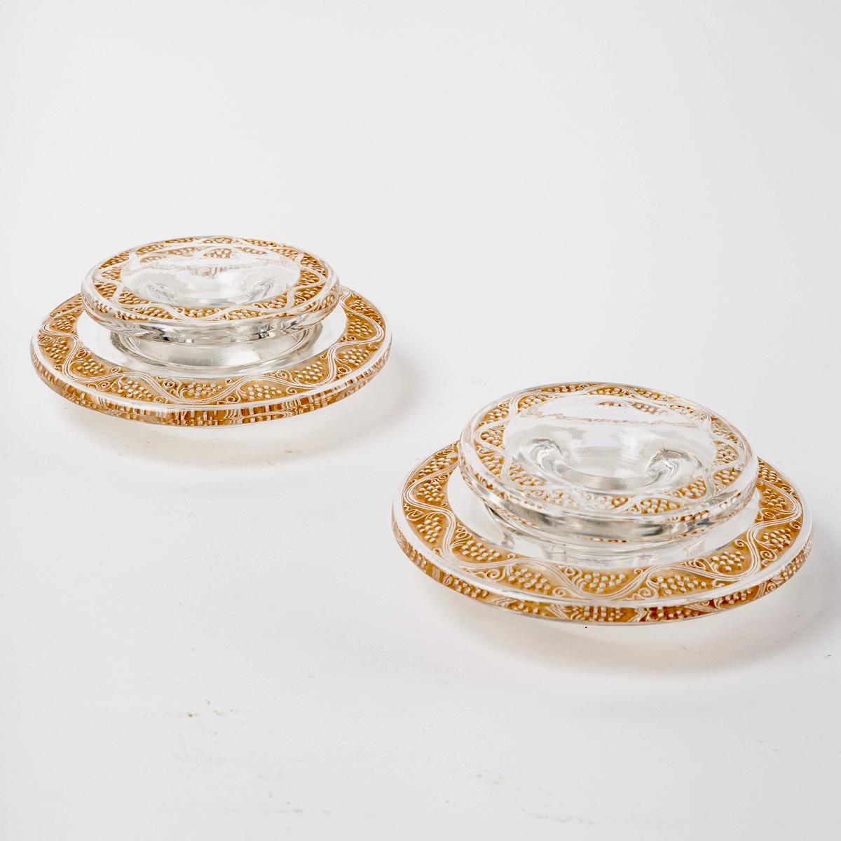 René Lalique - Pair of Candlesticks and Bowl Ricquewihr Glass with Sepia Patina For Sale 1