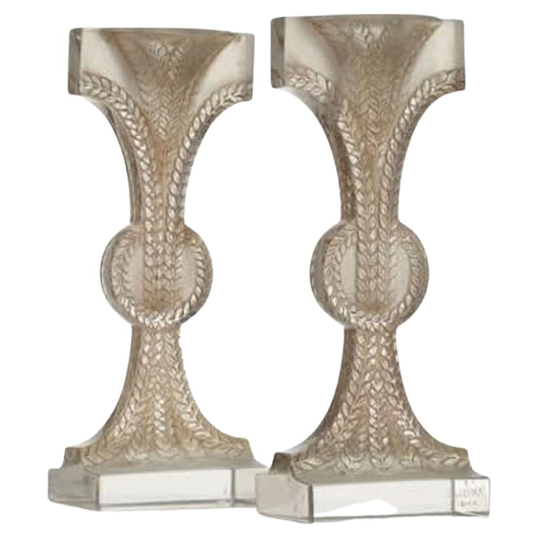 René Lalique, Pair of Glass Candelsticks ", "Rameaux" 1934