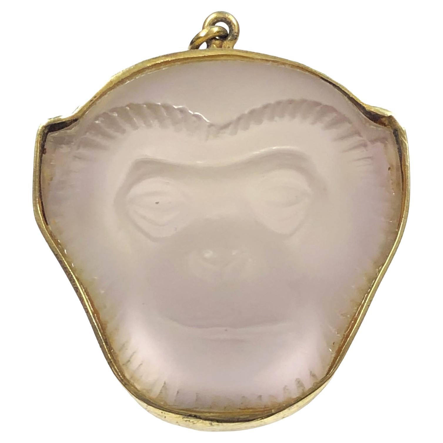 Rene Lalique Paris Silver Mounted Large Crystal Monkey Head Pendant