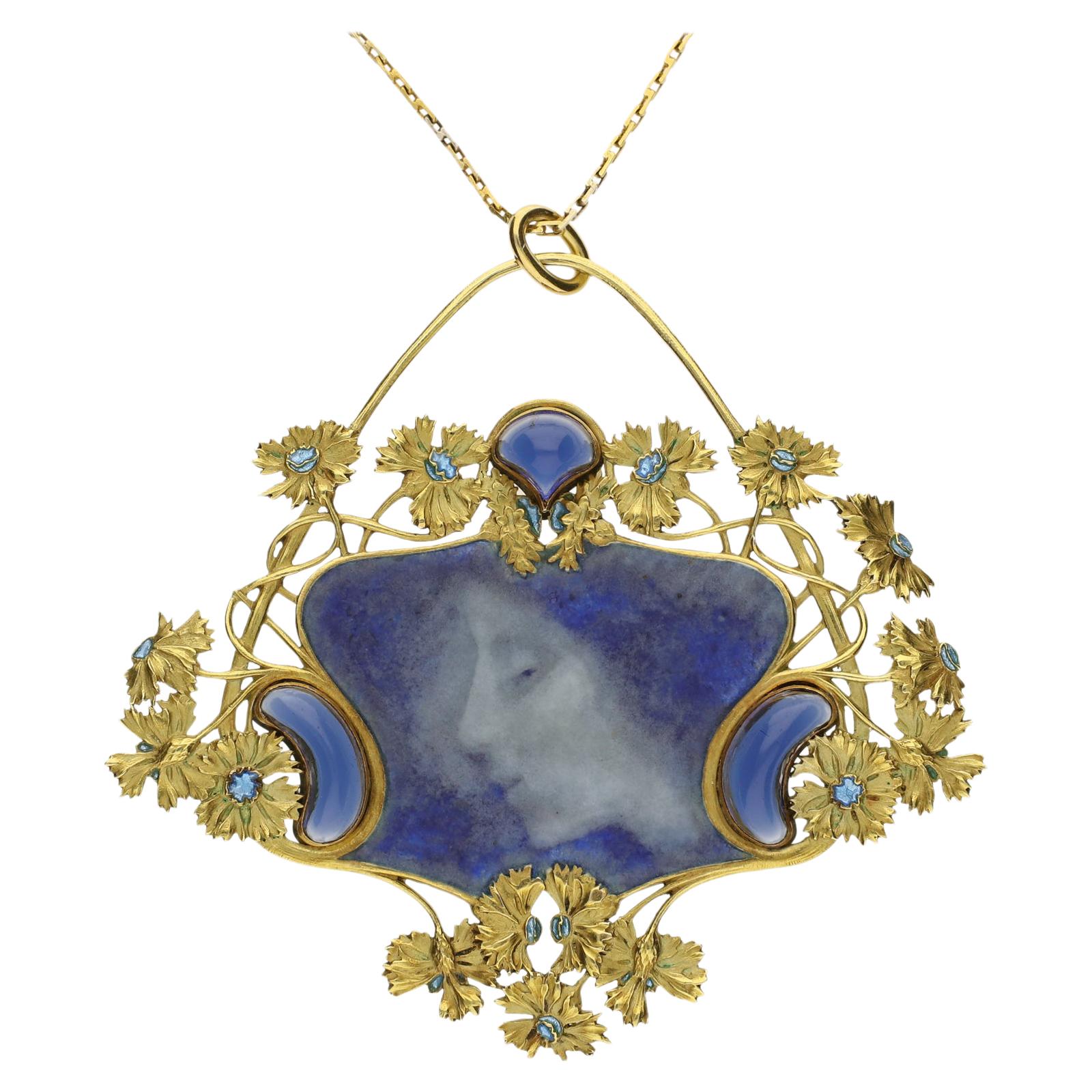 René Lalique "Pate sur Pate" Enamel, Gold and Diamond Pendant