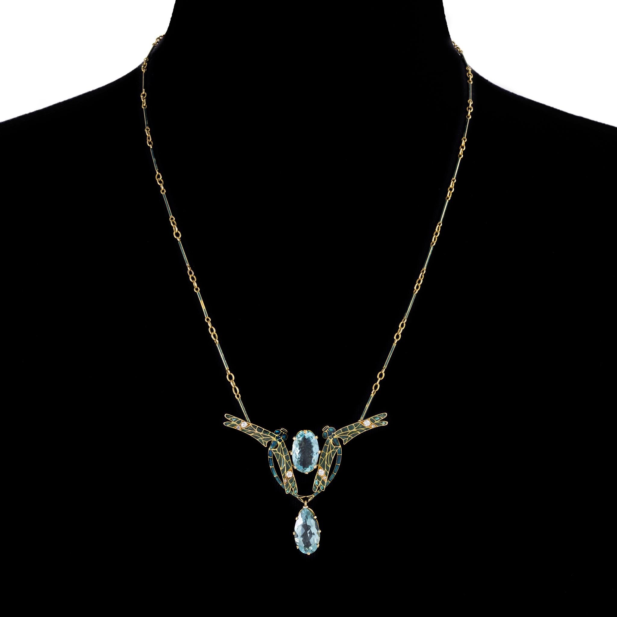 Art Nouveau René Lalique Plique-à-Jour Enamel Dragonflies and Aquamarine Pendant Necklace