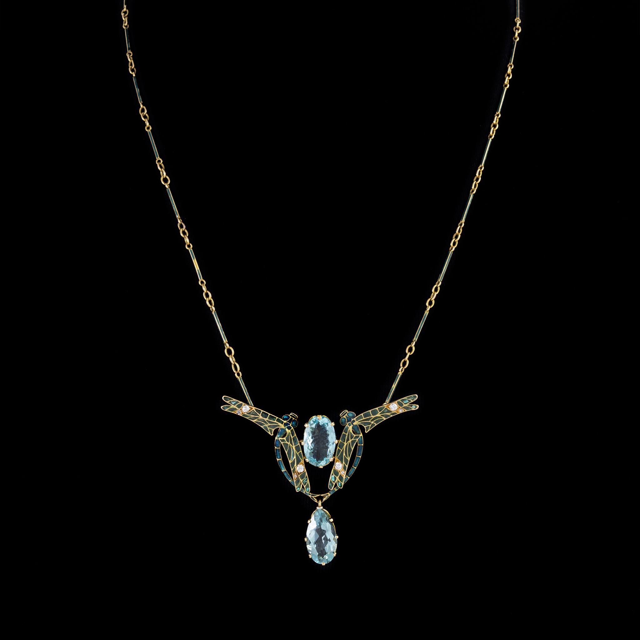 Oval Cut René Lalique Plique-à-Jour Enamel Dragonflies and Aquamarine Pendant Necklace