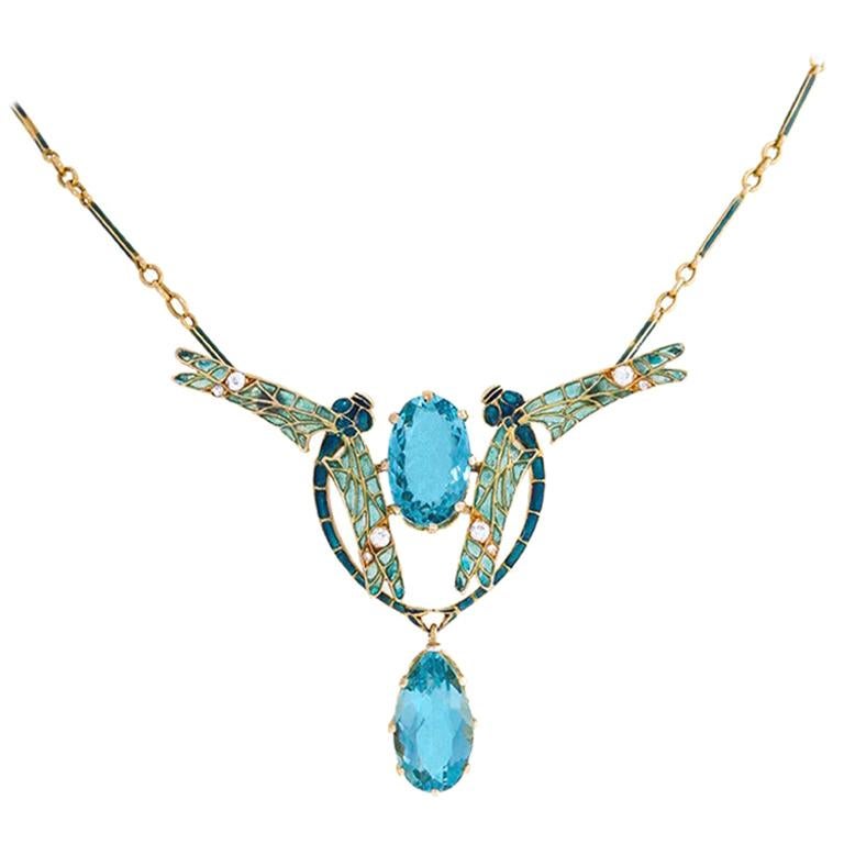 René Lalique Plique-à-Jour Enamel Dragonflies and Aquamarine Pendant Necklace