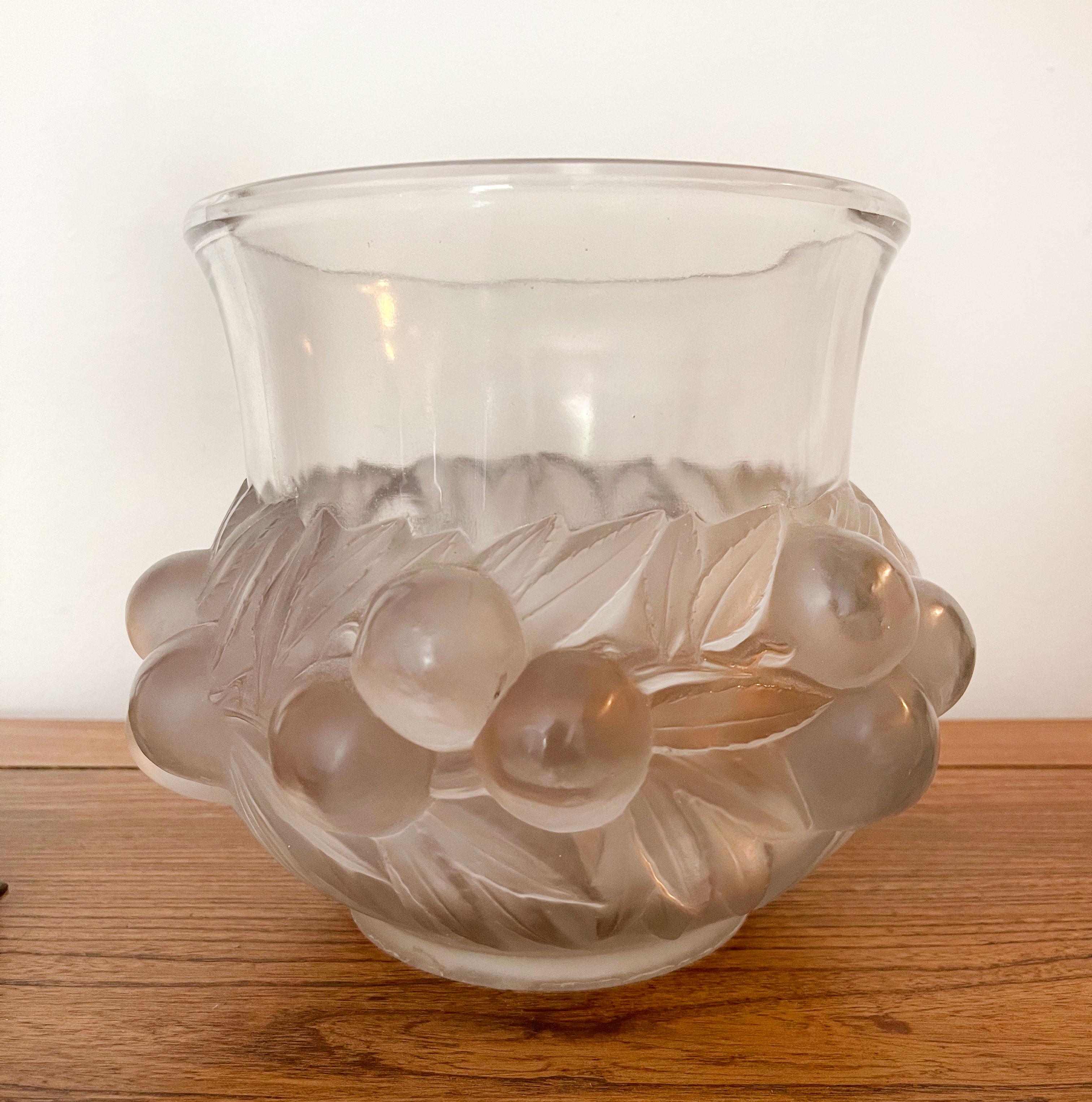 René Lalique, Prunes Vase, C. 1930, Clear and frosted glass featuring plums and foliage in high relief. R. LALIQUE, FRANCE mark on base. D: 7