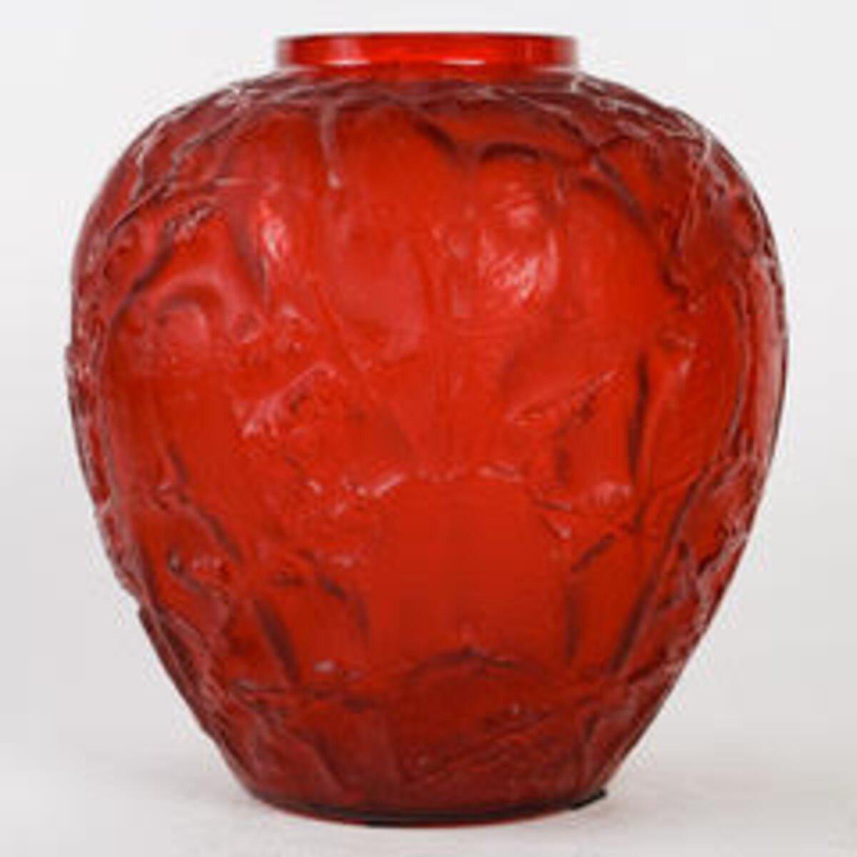 20th Century René Lalique : Red Tinted Budgerigar Vase For Sale