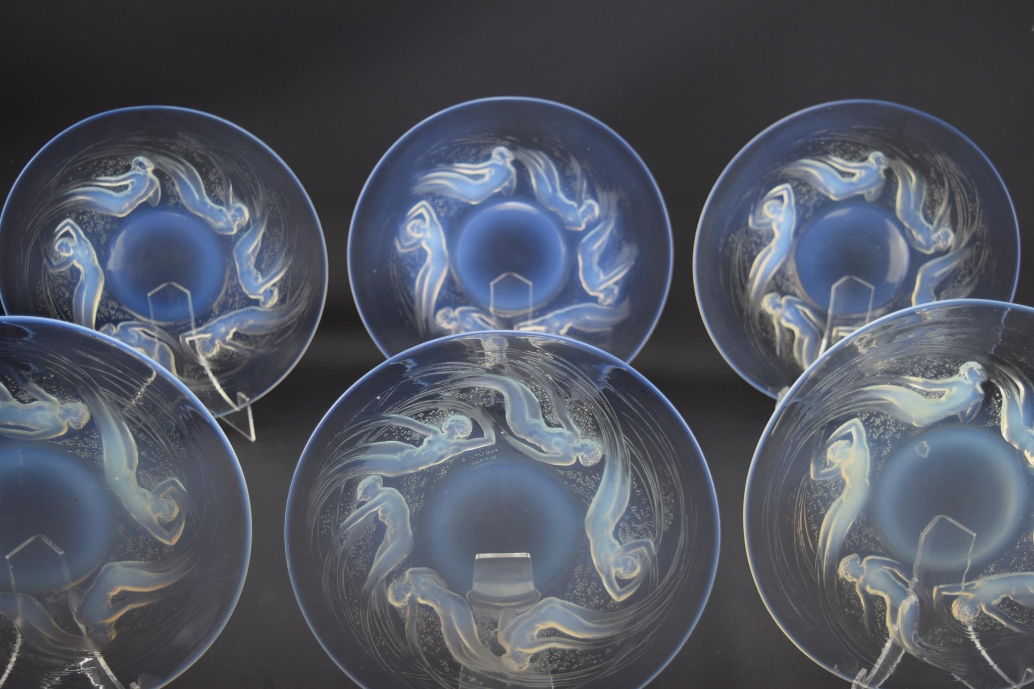 Rene Lalique set of six Art Deco Ondines opalescent glass plates C1921 For Sale 3