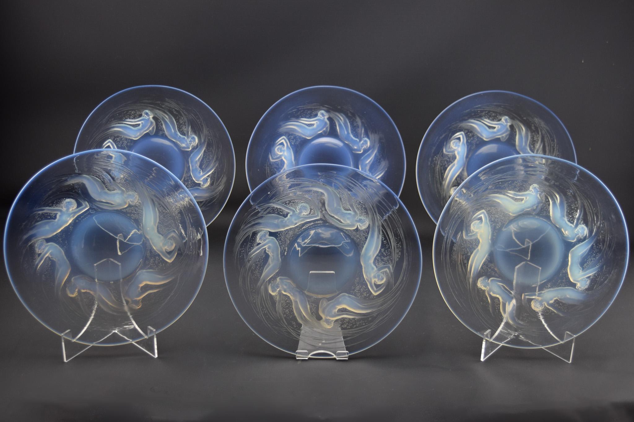 Rene Lalique set of six Art Deco Ondines opalescent glass plates C1921 For Sale 4