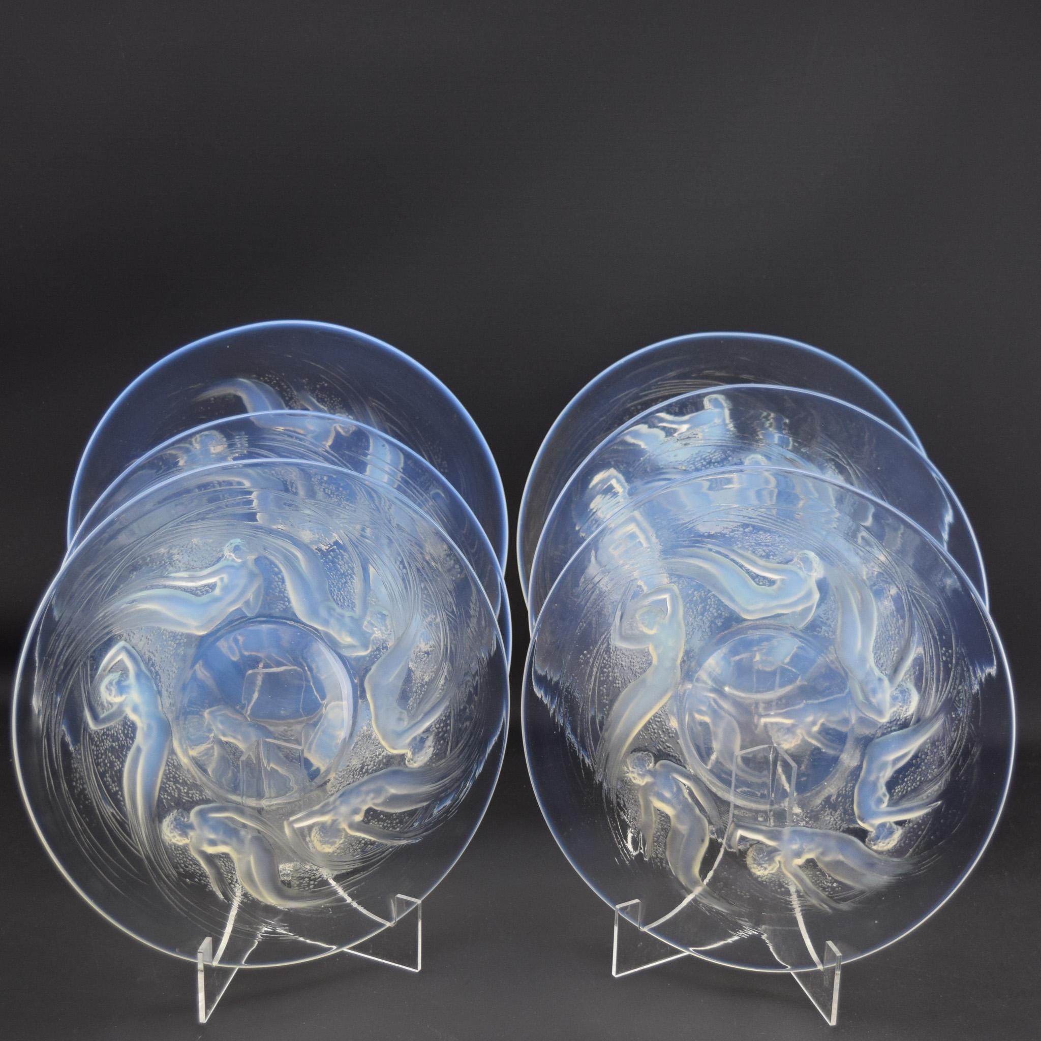 Rene Lalique set of six Art Deco Ondines opalescent glass plates C1921 For Sale 5