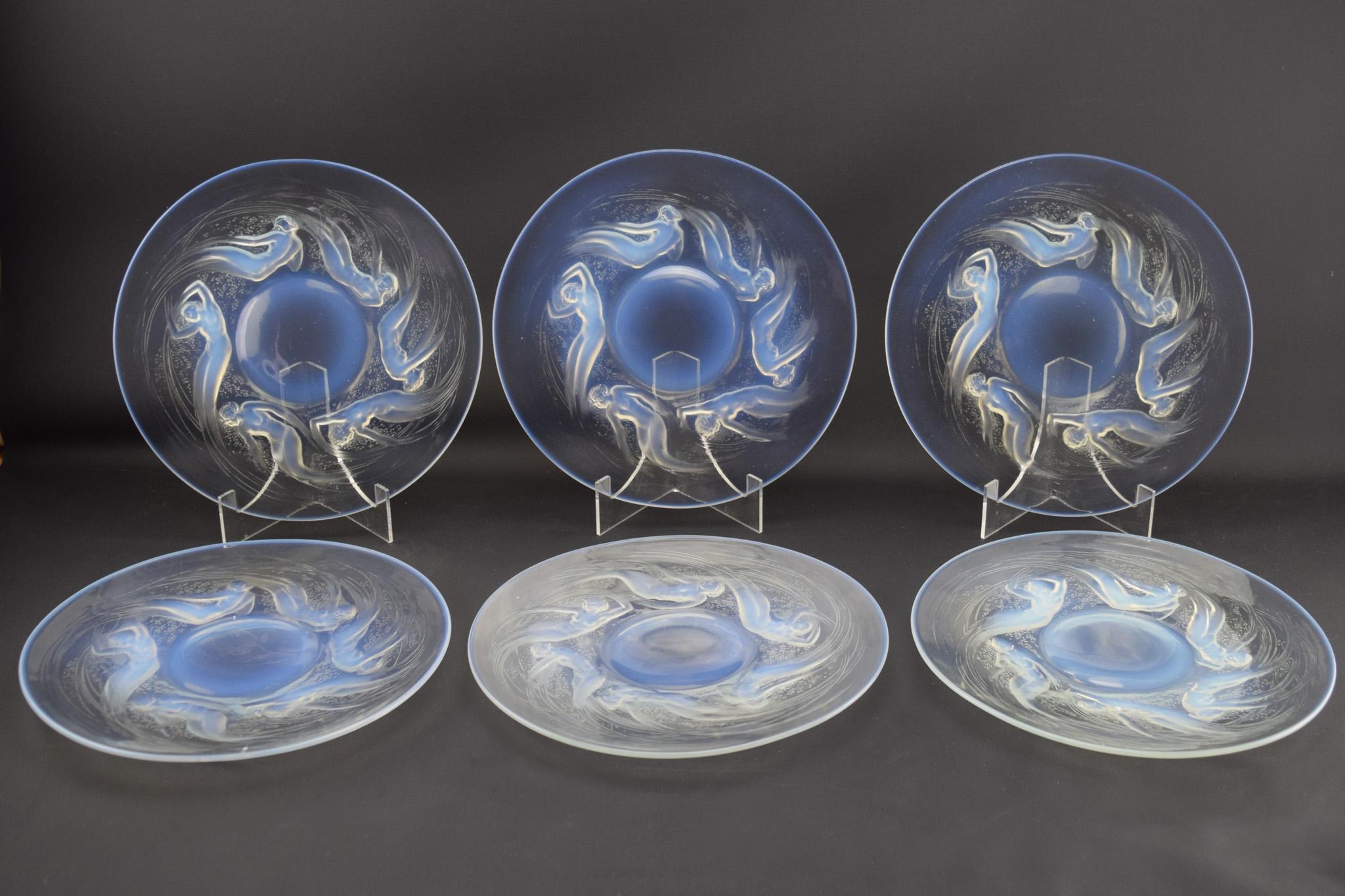 French Rene Lalique set of six Art Deco Ondines opalescent glass plates C1921 For Sale