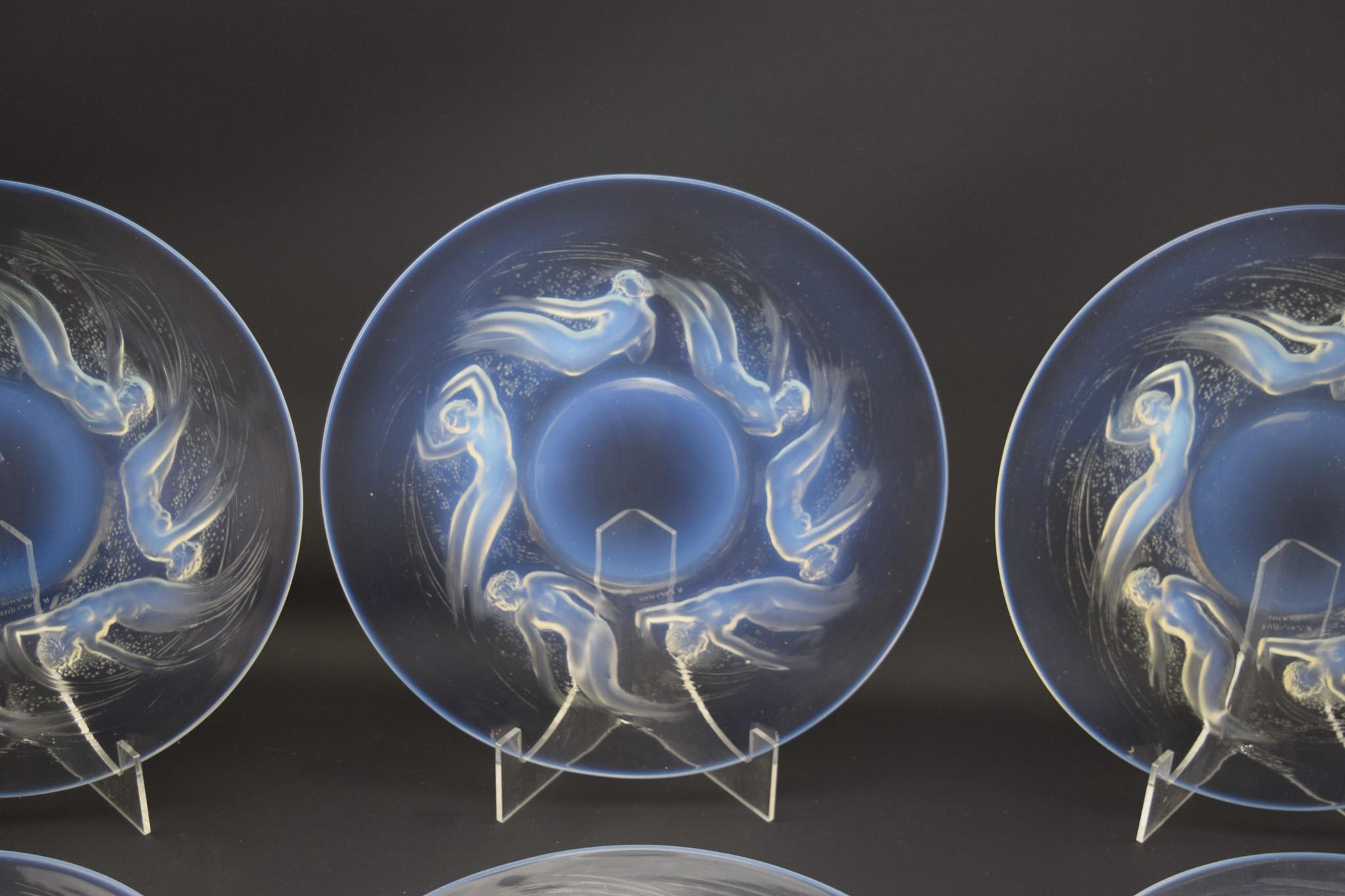 Molded Rene Lalique set of six Art Deco Ondines opalescent glass plates C1921 For Sale