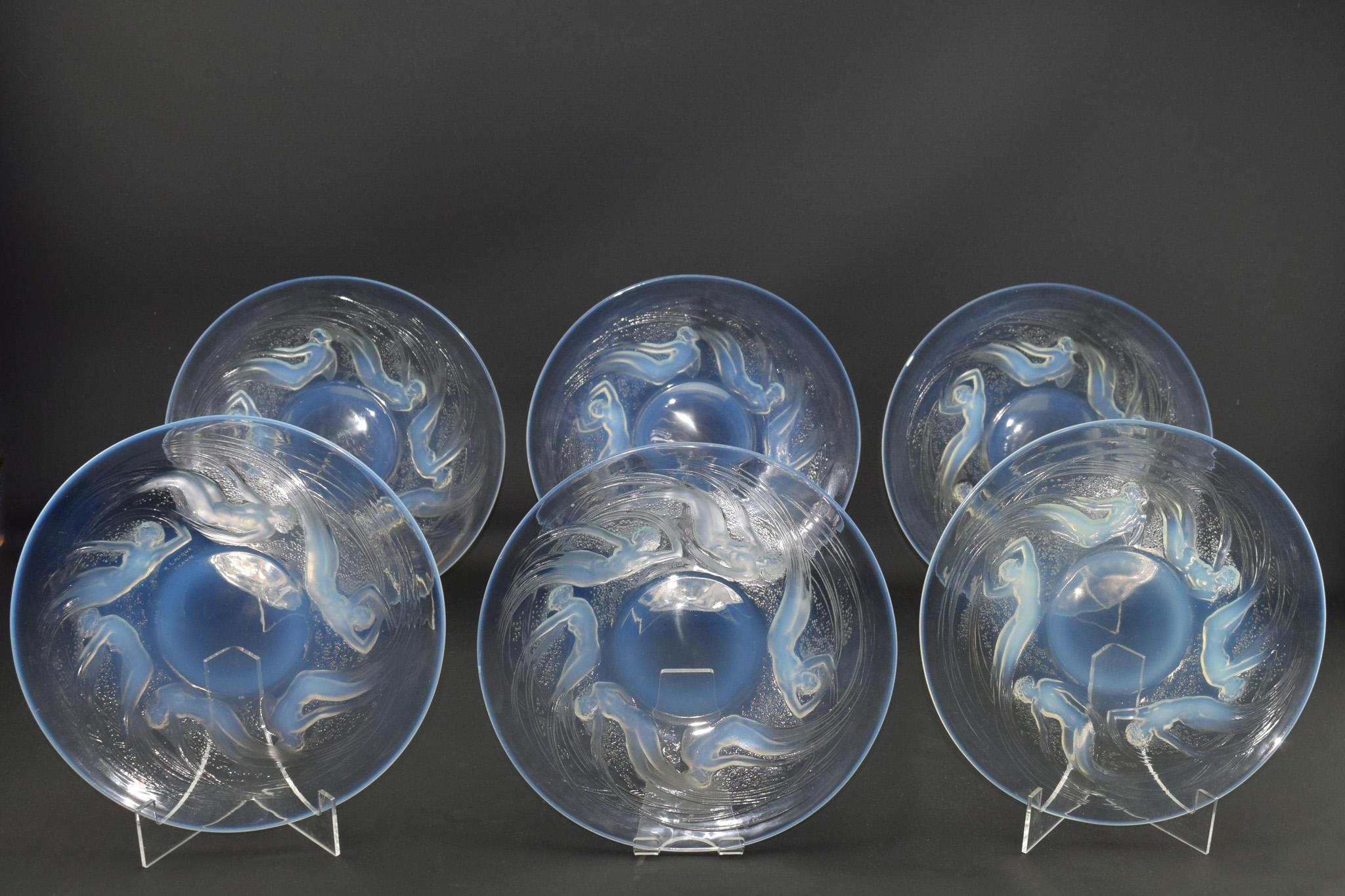 Glass Rene Lalique set of six Art Deco Ondines opalescent glass plates C1921 For Sale