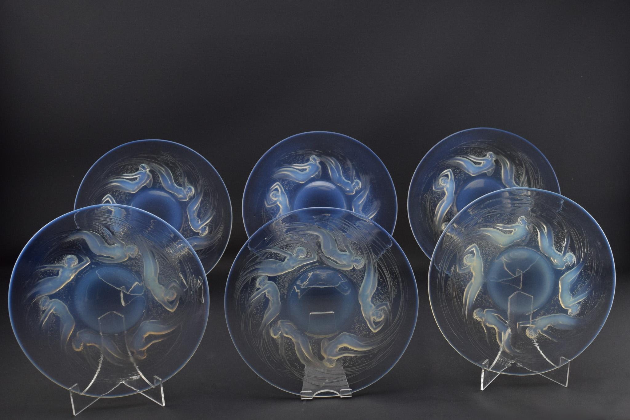 Rene Lalique set of six Art Deco Ondines opalescent glass plates C1921 For Sale 1